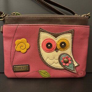 Chala Pink Owl Applique Crossbody Purse With Leather Accents & Adjustable Strap